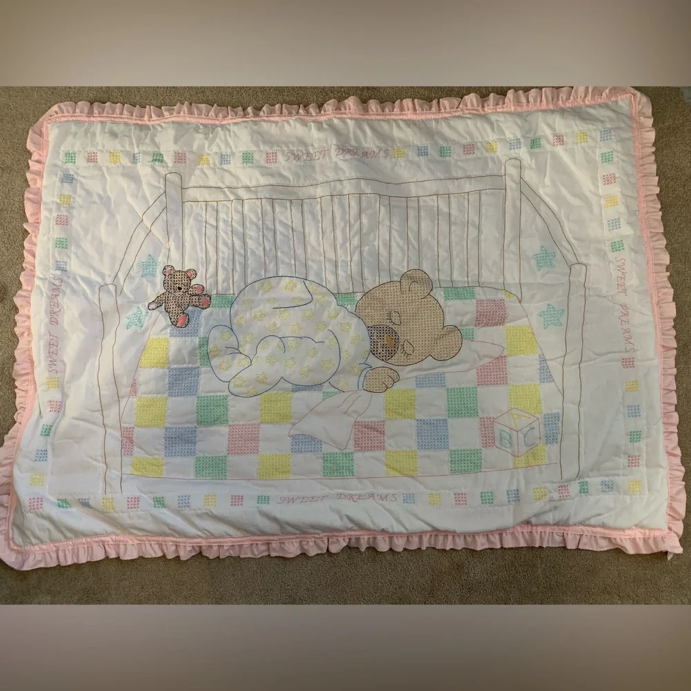 Homemade Pink and White Baby Quilt with Bear Design